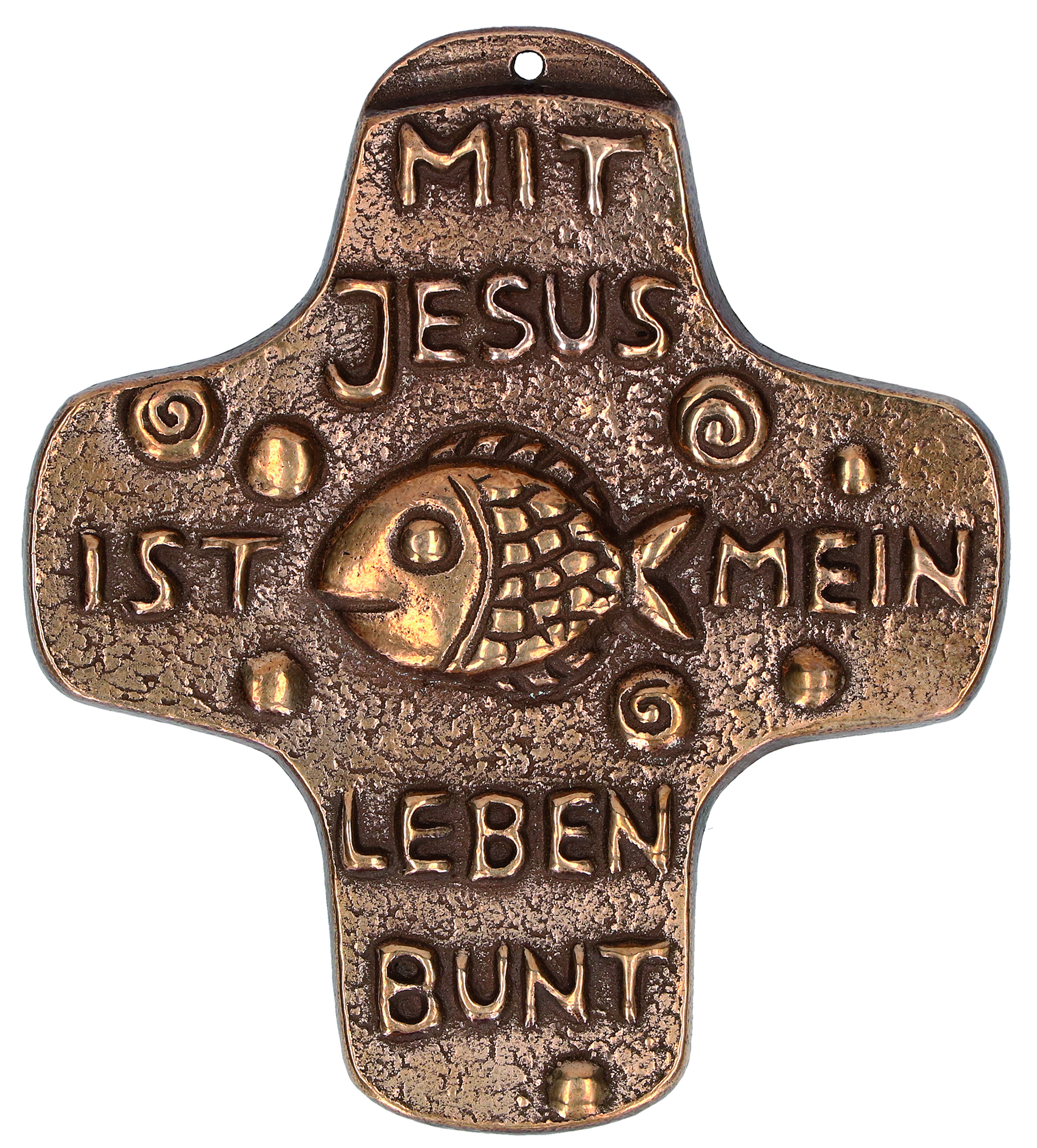 Kommunionkreuz aus Bronze "Mit Jesus ist mein Leben bunt"