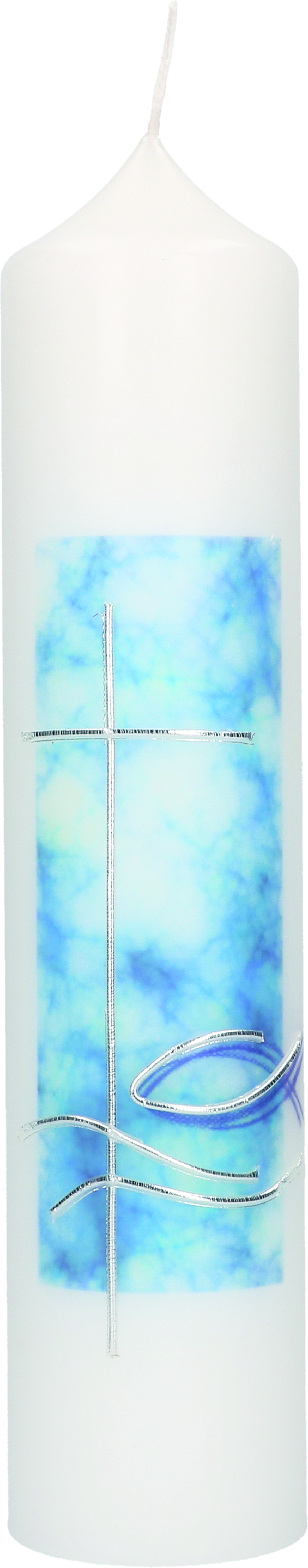 Taufkerze mit Druckmotiv und aufgelegtem Wachsmotiv "Fisch-Symbol mit Kreuz und Wellen in Silber"