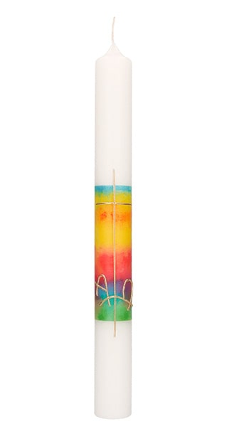 Baptism Candle w/ Print & Applied Wax Motif “Rainbow & Cross