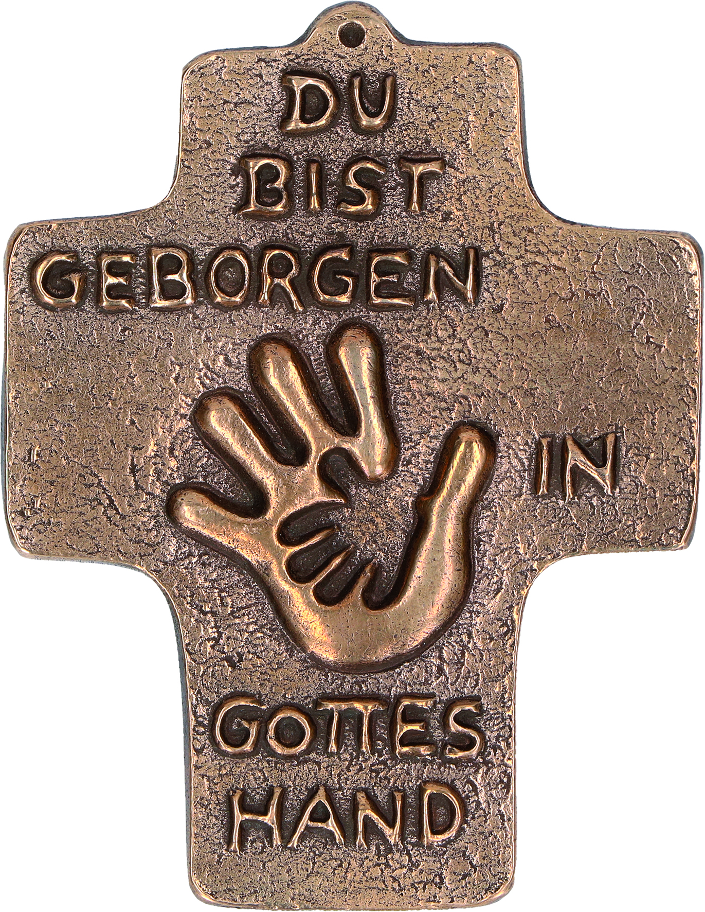 Kommunionkreuz aus Bronze "Geborgen in Gottes Hand"