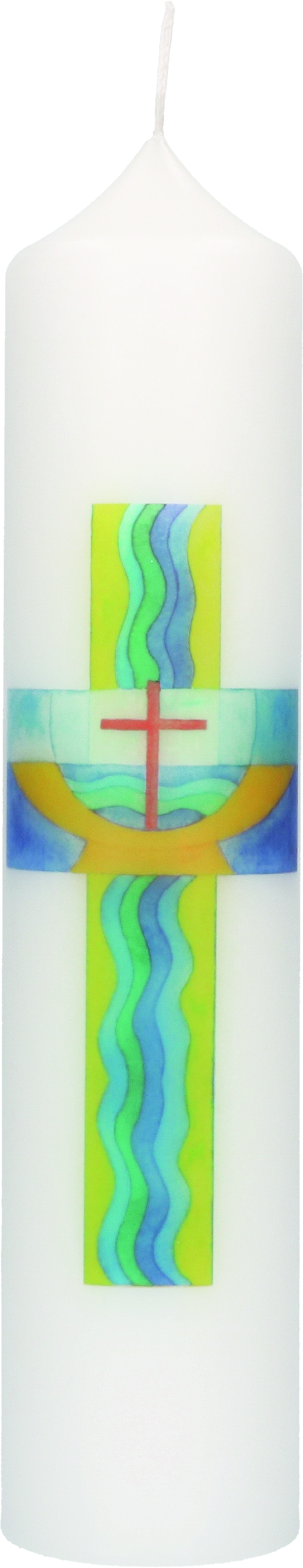 Baptism Candle with Print Motif Cross, Baptismal Font & Wave