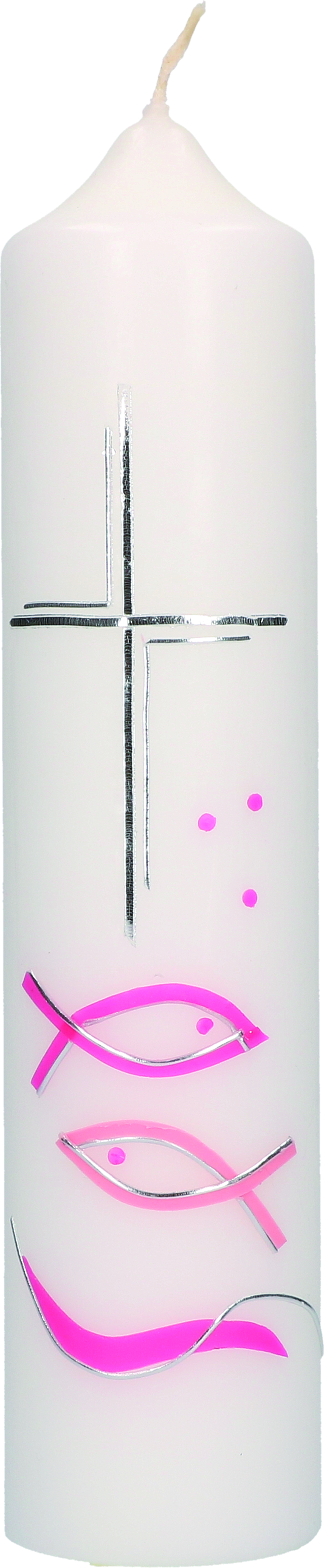 Baptism Candle with Wax Motif “Cross and Fish in Pink”