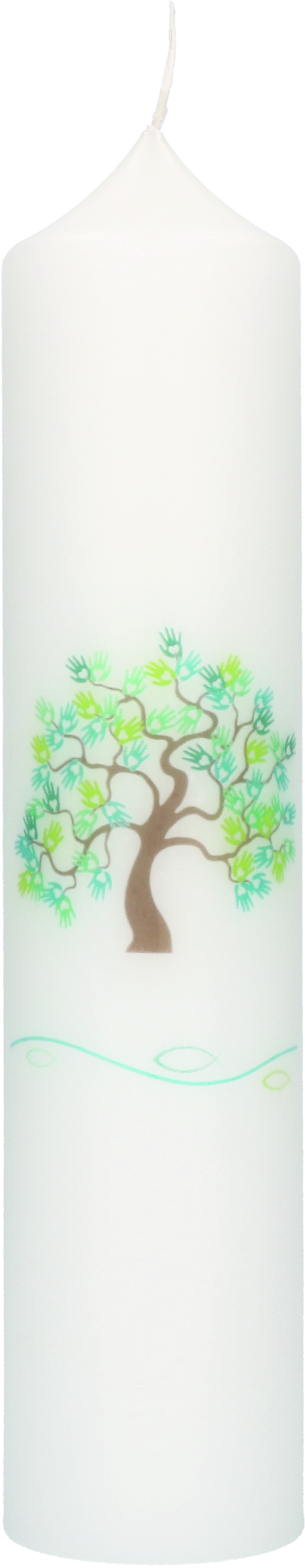 Baptism Candle with Print Motif “Tree of Life, Fish and Wave