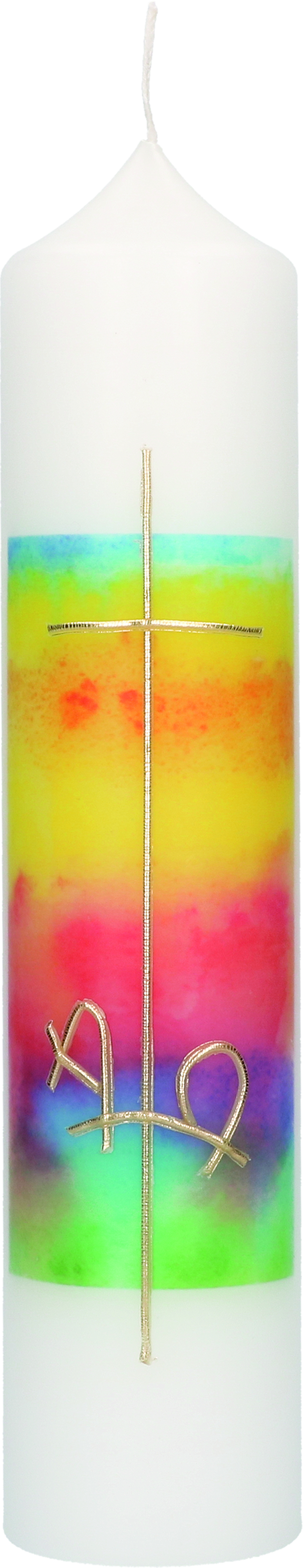 Taufkerze mit Druckmotiv und aufgelegtem Wachsmotiv "Regenbogenfarben und Kreuz mit Alpha und Omega in Gold"