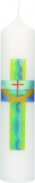 Vorschau: Baptism Candle with Print Motif Cross, Baptismal Font & Wave (2-25063) - Detailansicht 1